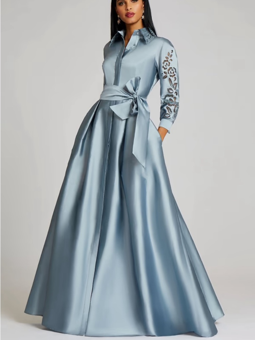 Teri Jon Taffeta Shirtdress Gown With Eyelet Detail